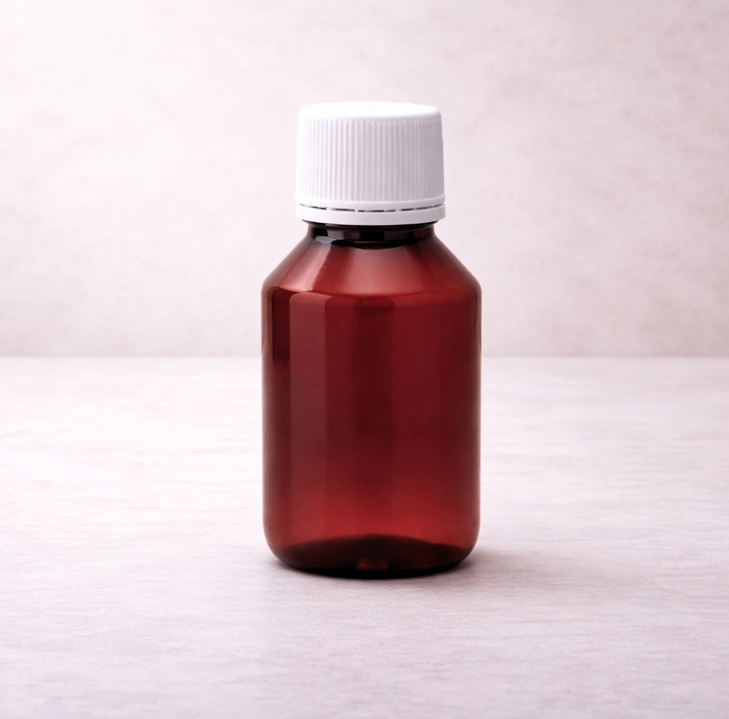 Flacon plastique brun 100ml + cap.