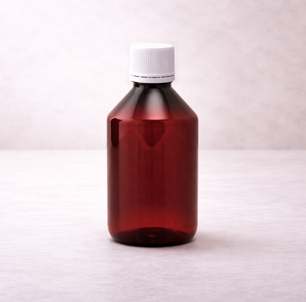 Flacon plastique brun 200ml + cap.