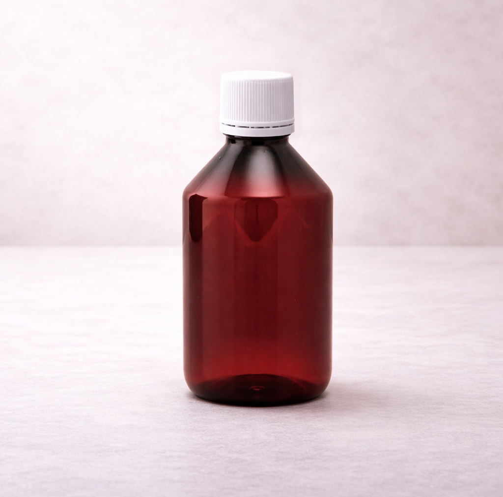 Flacon plastique brun 250ml + cap.