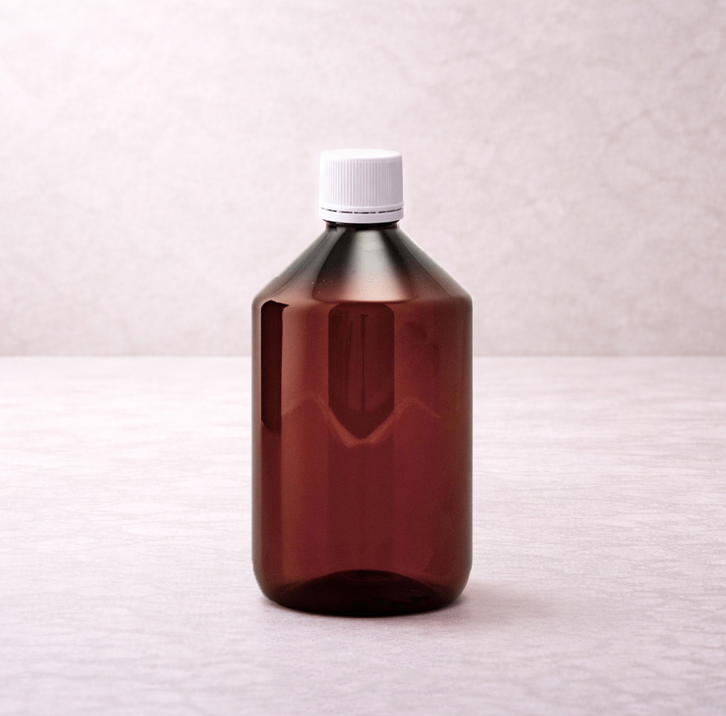 Flacon plastique brun 500ml + cap.