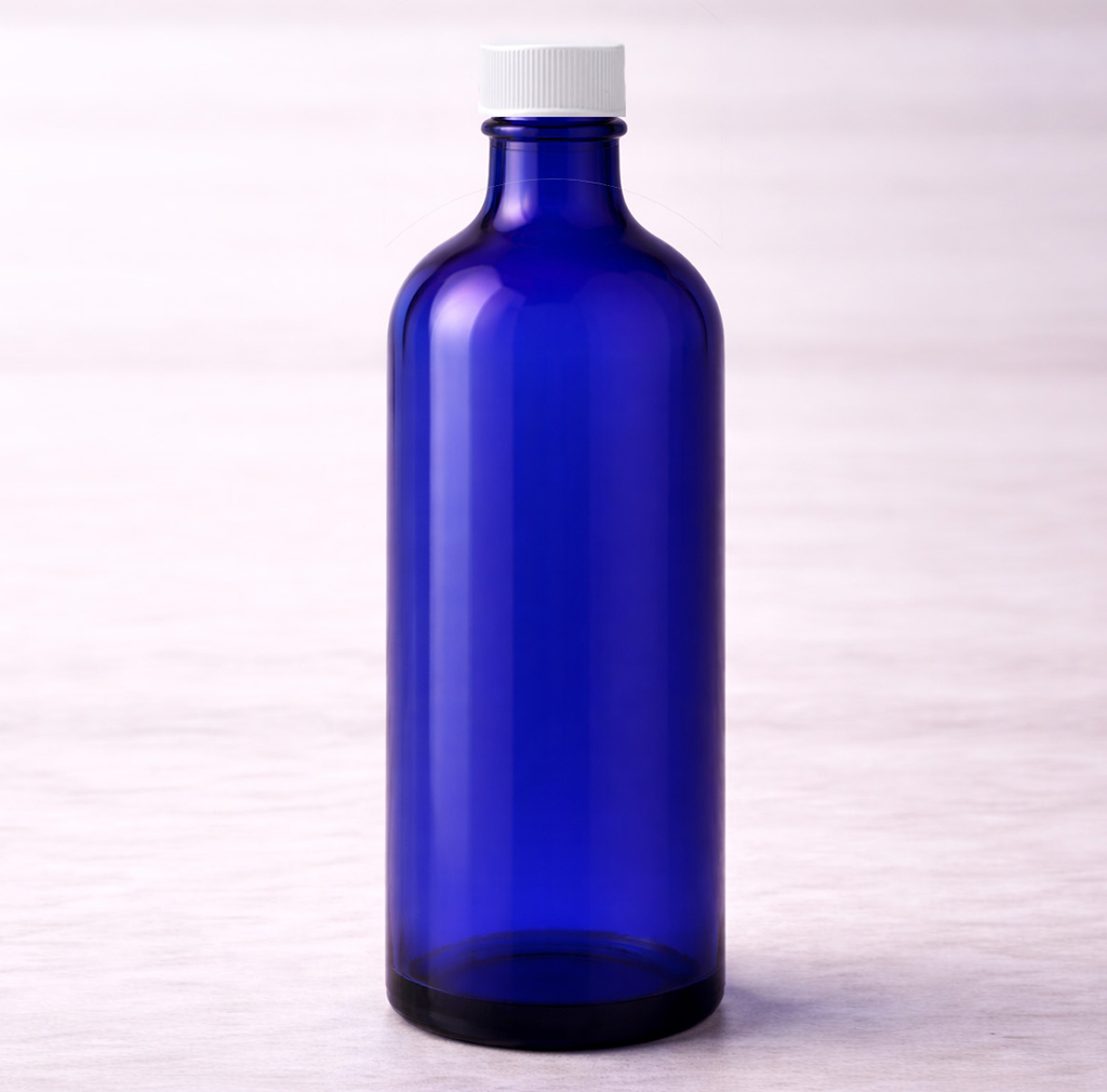 Flacon verre bleu 100ml + Capsule blanche