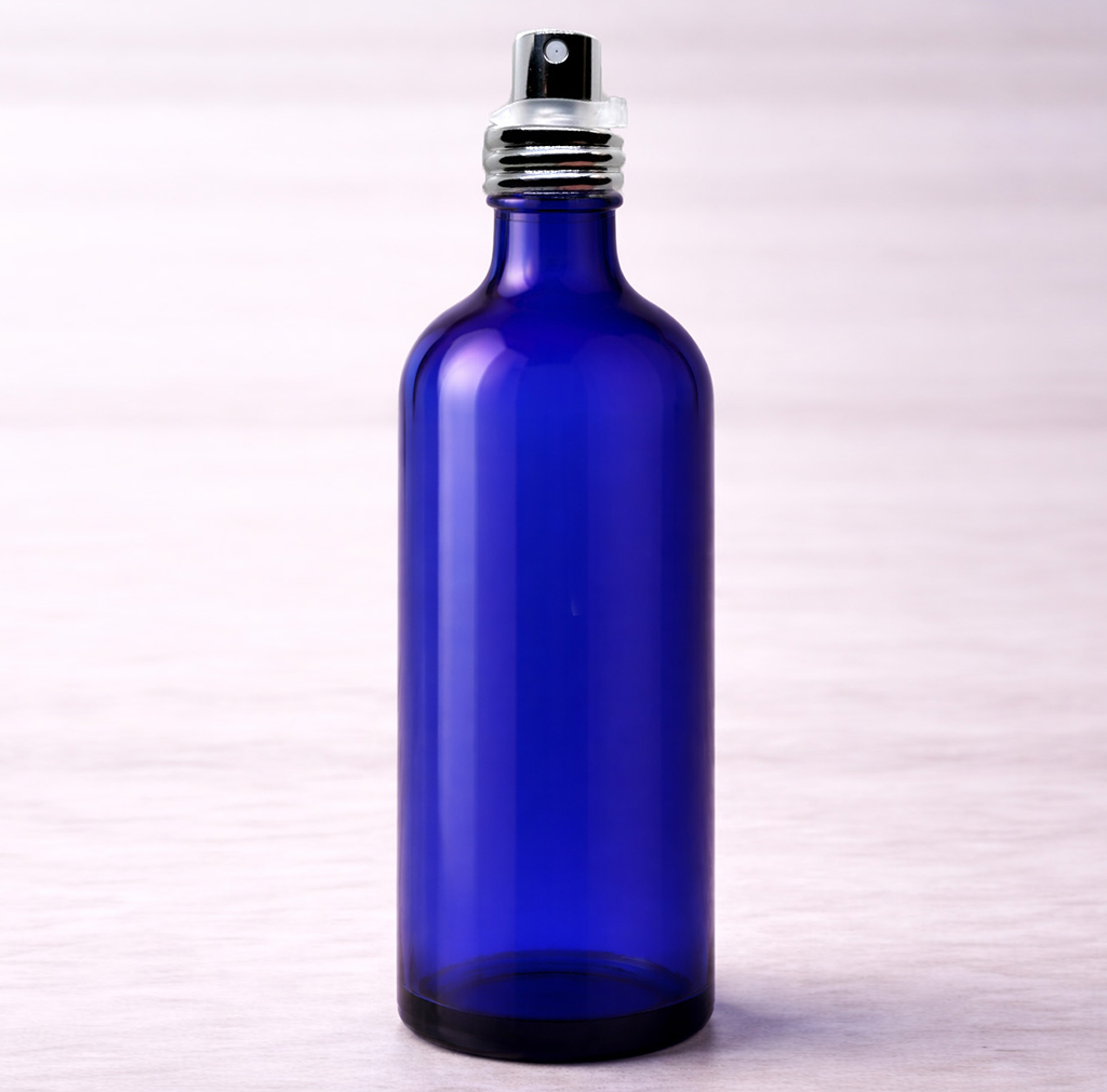 Flacon verre bleu 100ml + spray argent